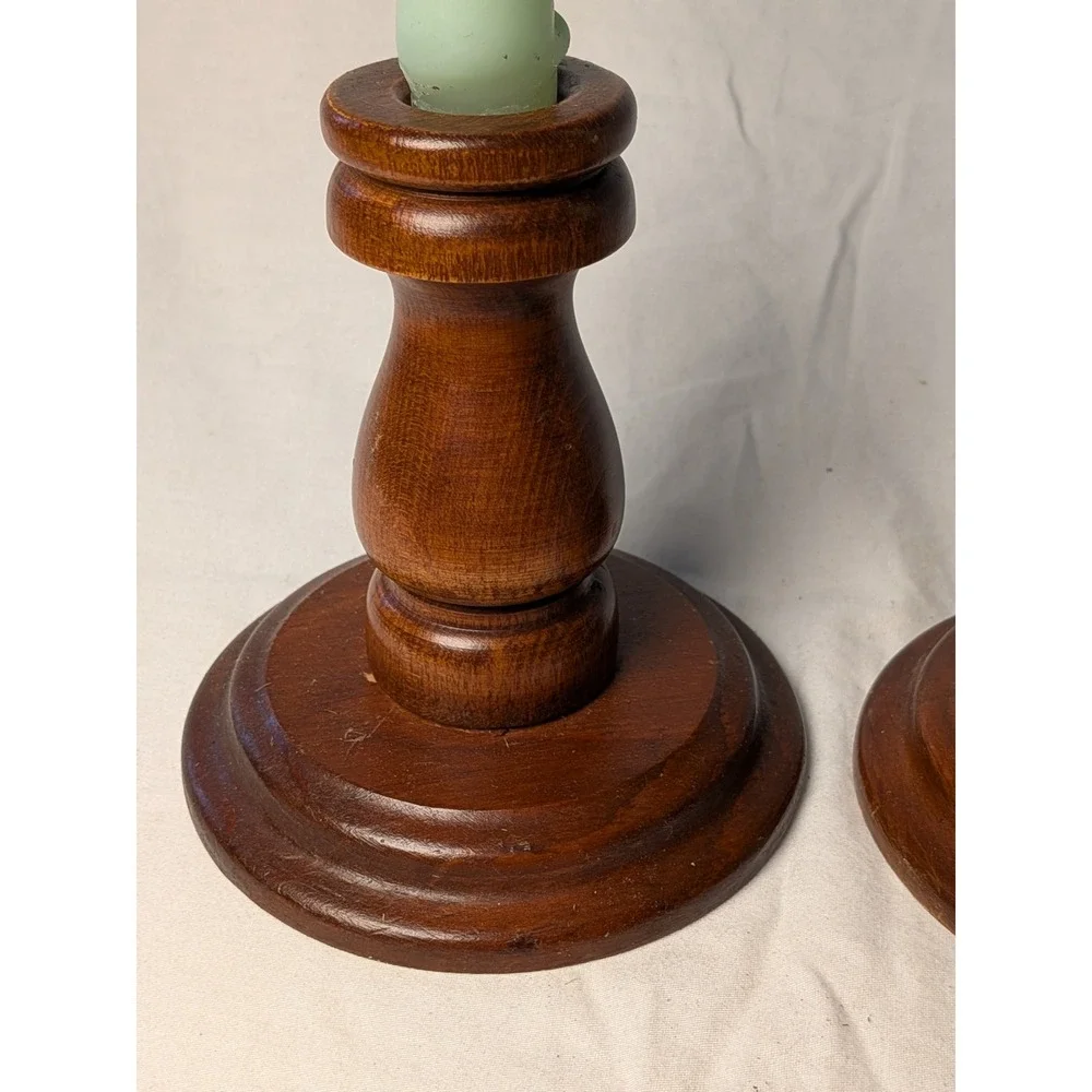 Vintage Turned Wood Candlestick Set Pair Brown Taper Candle Holders 4.5in